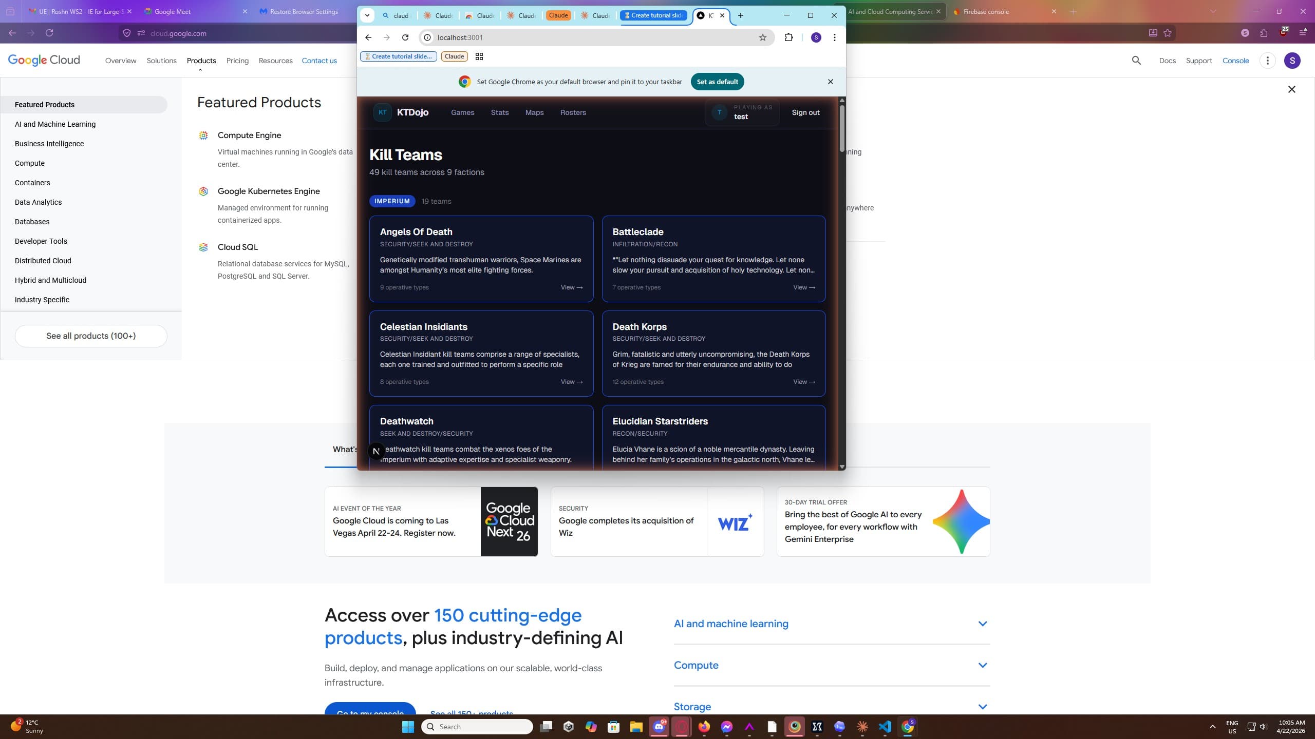 Kill Teams home page showing faction-grouped team cards